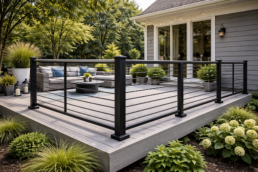Professional aluminum railing installation on modern outdoor deck